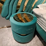 Green Velvet Cylindrical Nightstand with Gold Mirror Stainless Steel Top & Rotating Storage